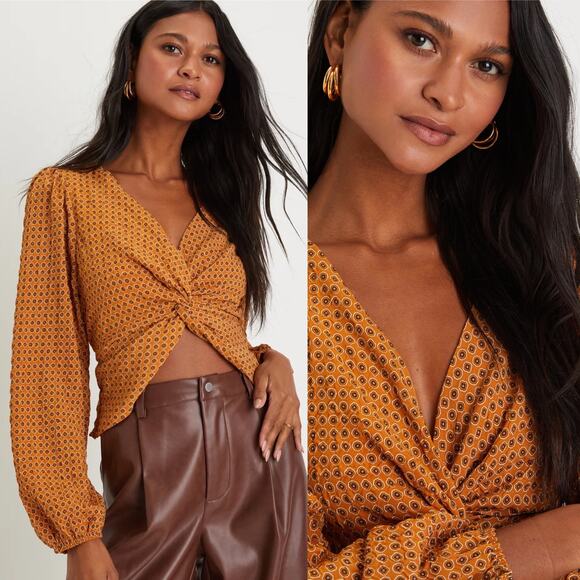 Lulus Throwback Trend Mustard Yellow Geo Print Twist-Front Top - Picture 2 of 8